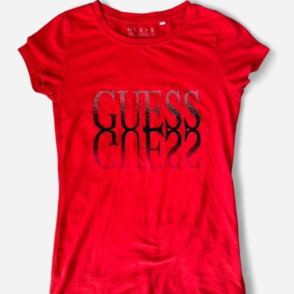 Y2K Guess red t shirt with black rhinestone bedazzled logo mirrored